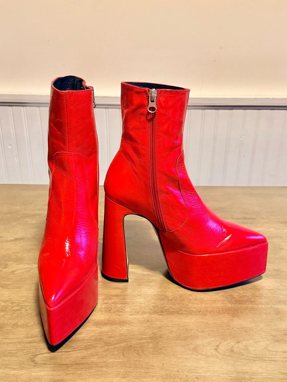 Red Patent High Platform Ankle Boots - High Block Heel